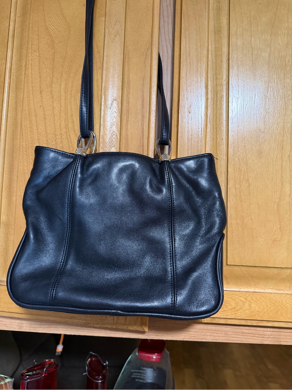 Classic Black Leather Shoulder Tote with Double Straps